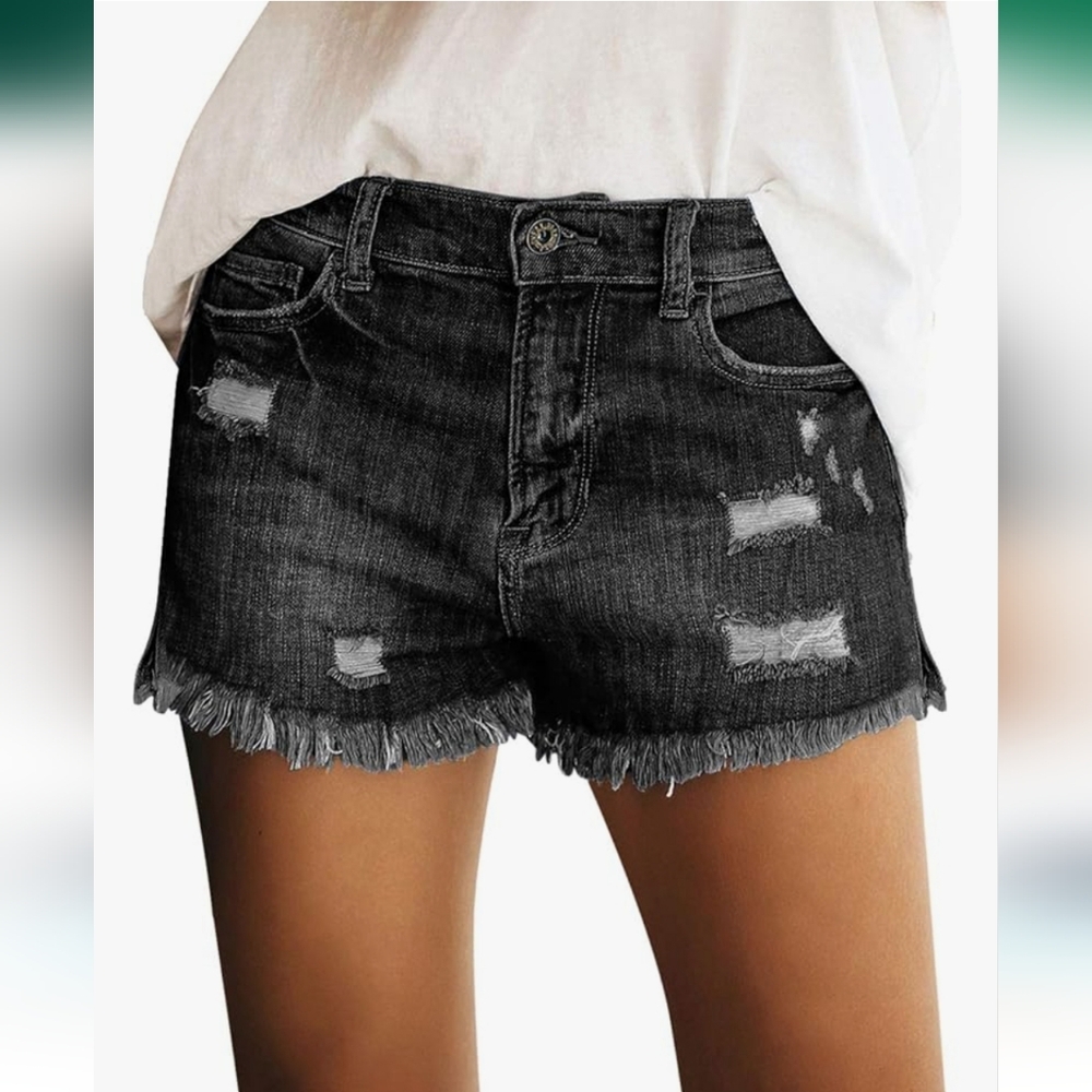 Women's Casual Mid Rise Denim Shorts Stretch Ripped Raw Hem Jean Shorts - Picture 2 of 5